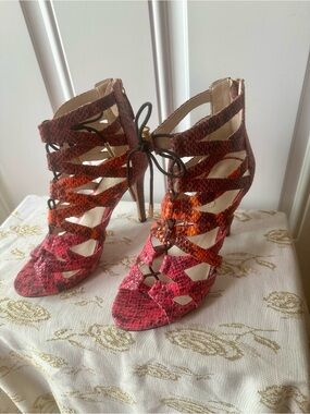 ALDO Pink Orange Burgundy Snake-Print Lace-Up Stiletto Sandals